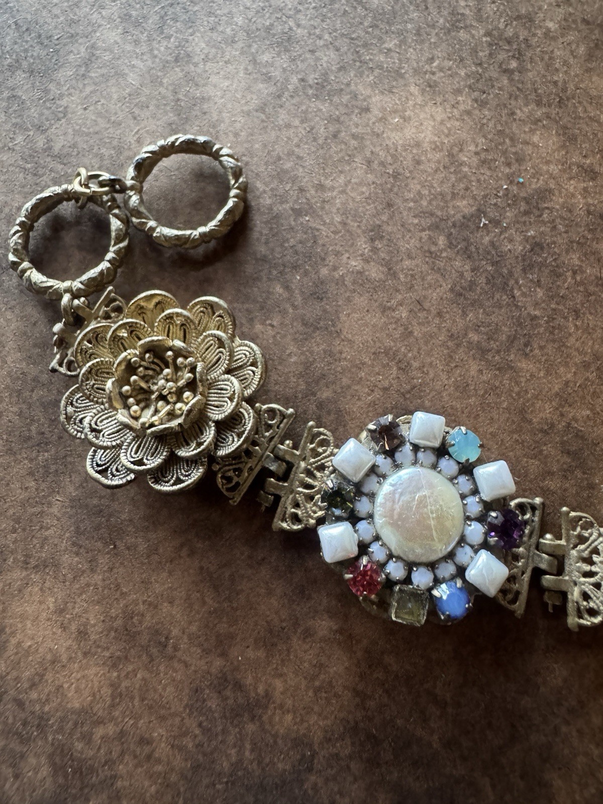 Vintage Semi Precious Stones and Heart Locket Gold Tone Bracelet