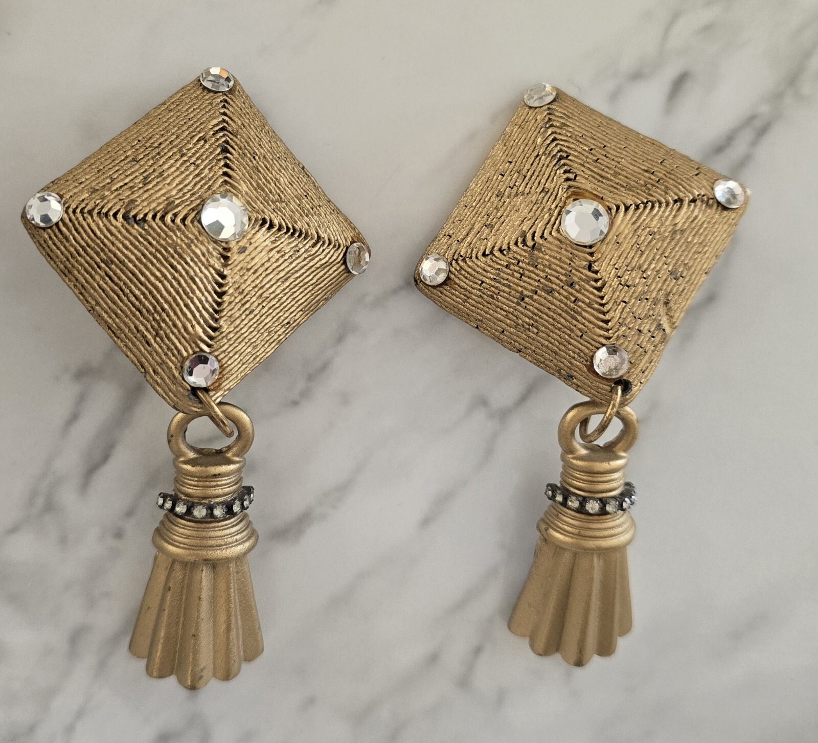 Vintage Gold Tone Jeff Lieb Designer Geometric Tassel Dangle Modernist Earrings
