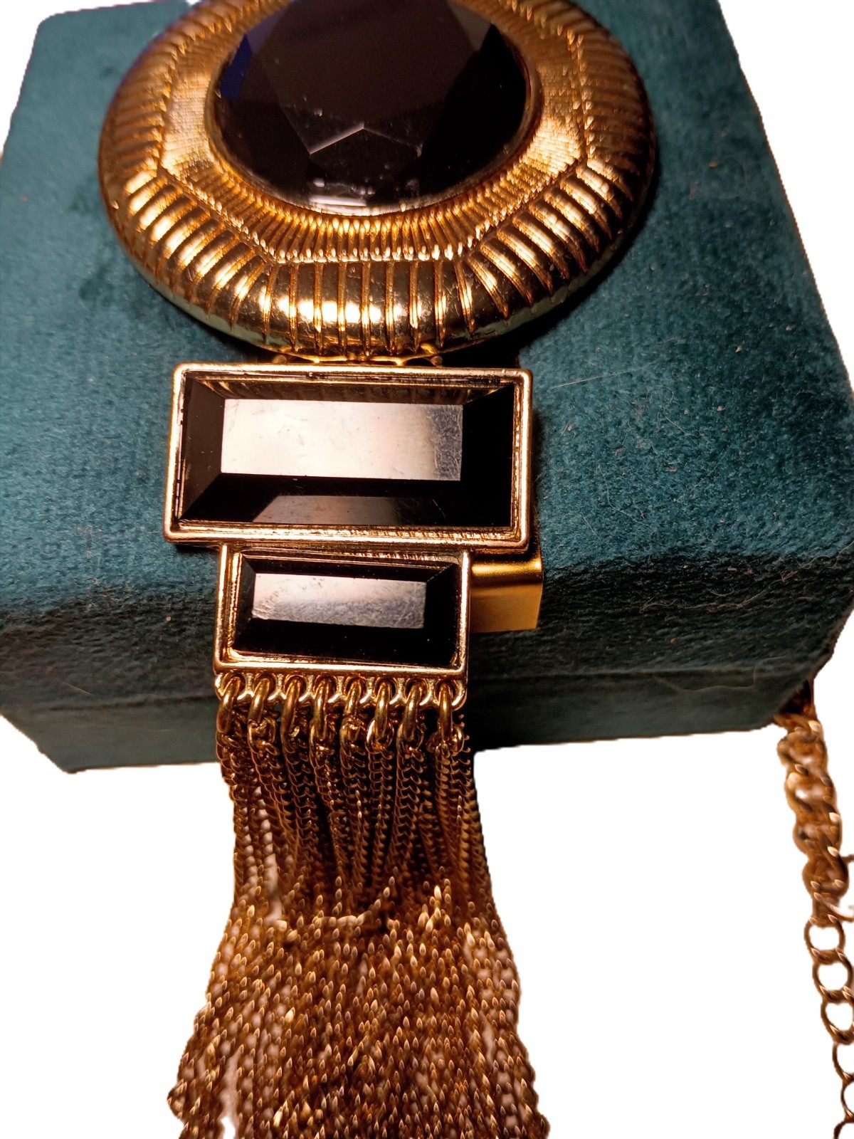 Vintage Chico’s Gold Tone Black Faceted Stone Tassel Pendant Statement Necklace