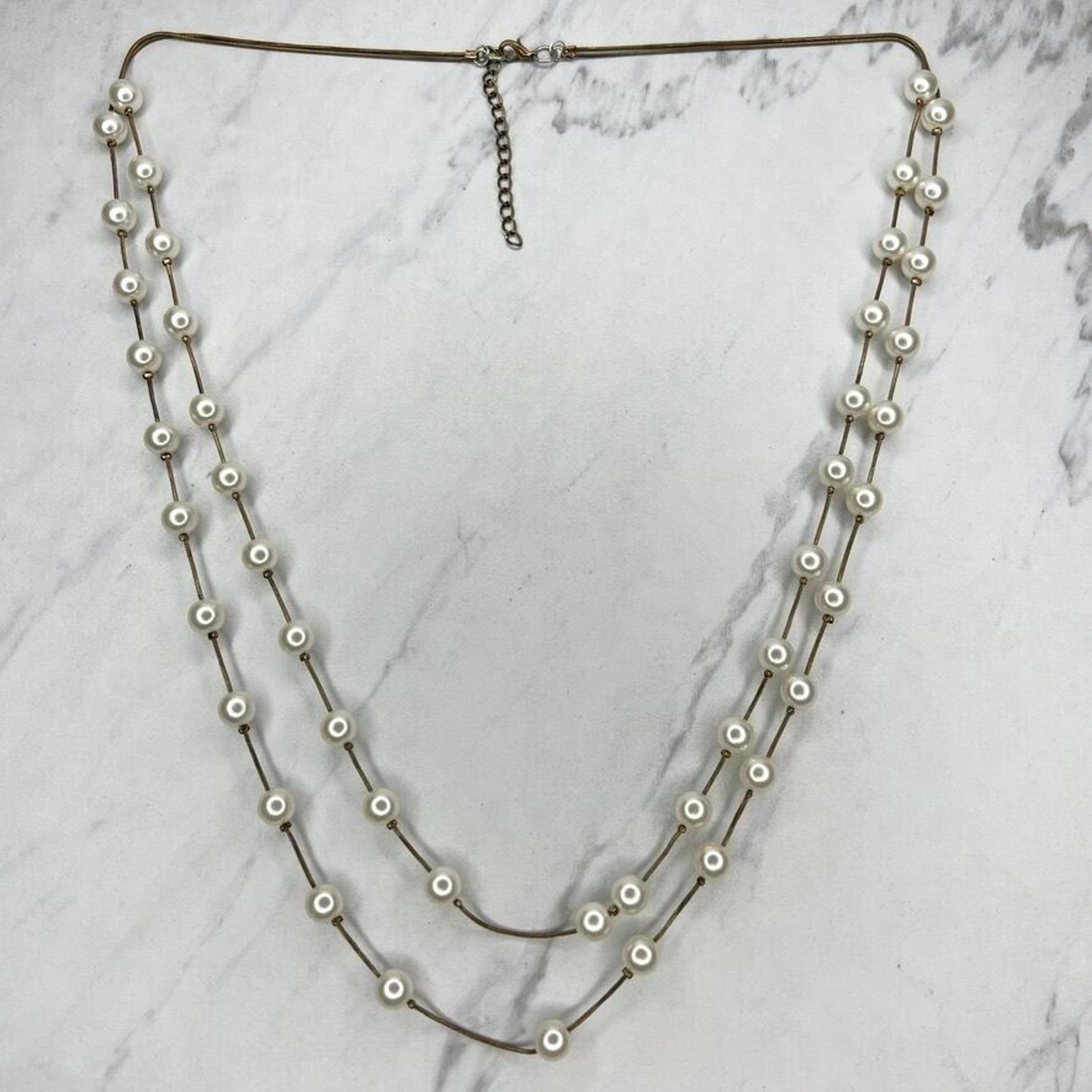 Faux Pearl Beaded Double Strand Gold Tone Necklace