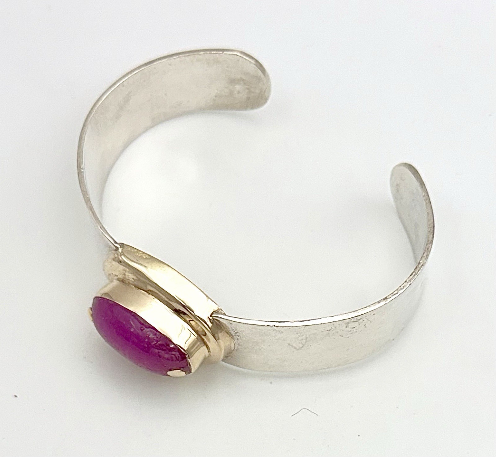 Vintage 14K Solid Yellow Gold & Sterling Silver MCM Cuff Bracelet Pink Cabochon