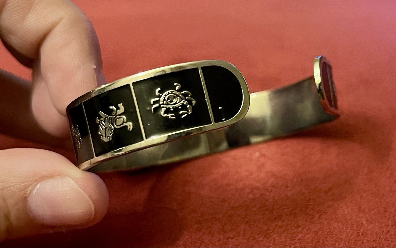 Vintage Zodiac Signs Black Enamel Adjustable Cuff Bracelet 70s w/ Inscription