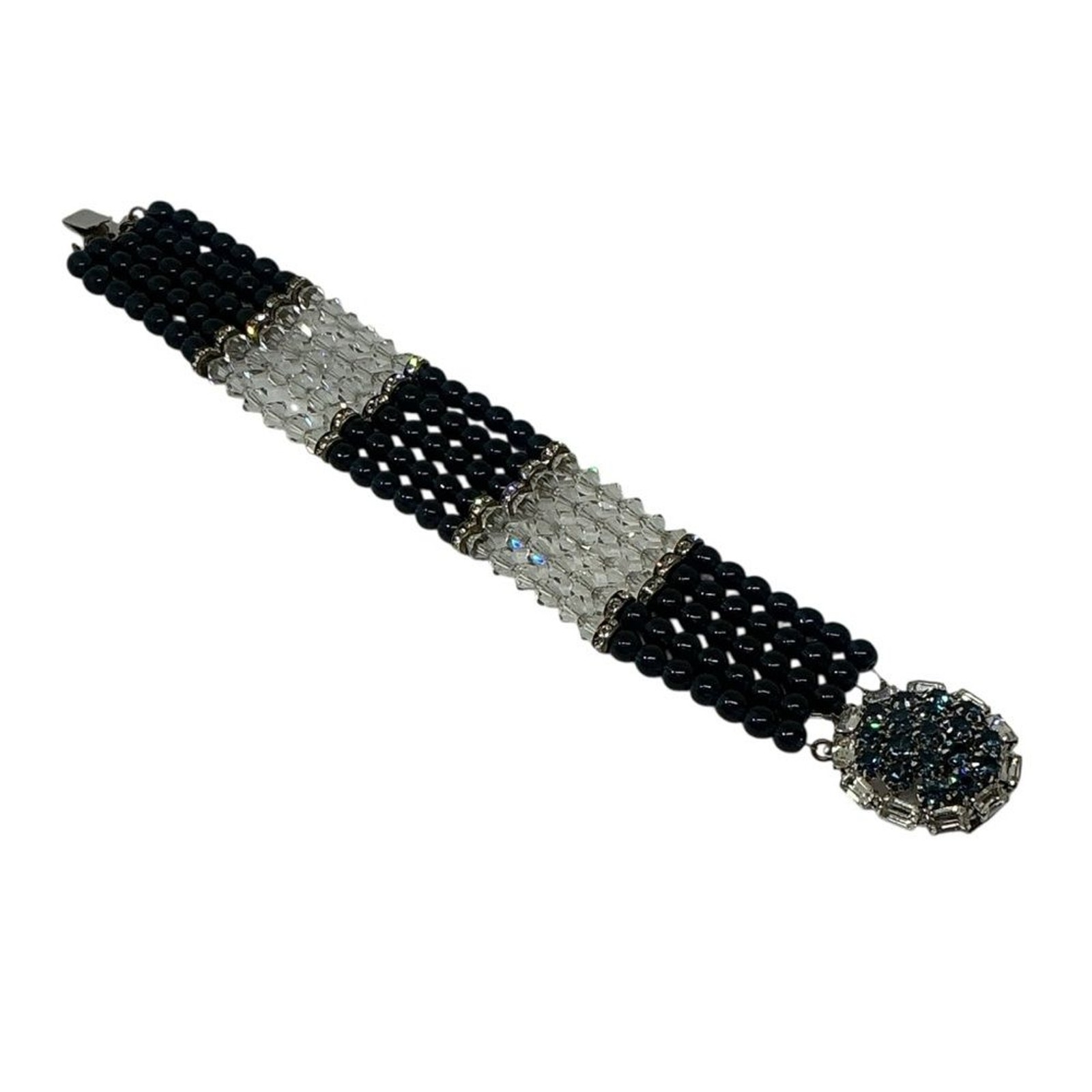 Vintage HOBÉ Multi Strand Bracelet Sapphire Blue & Crystal Bead Rhinestone Clasp