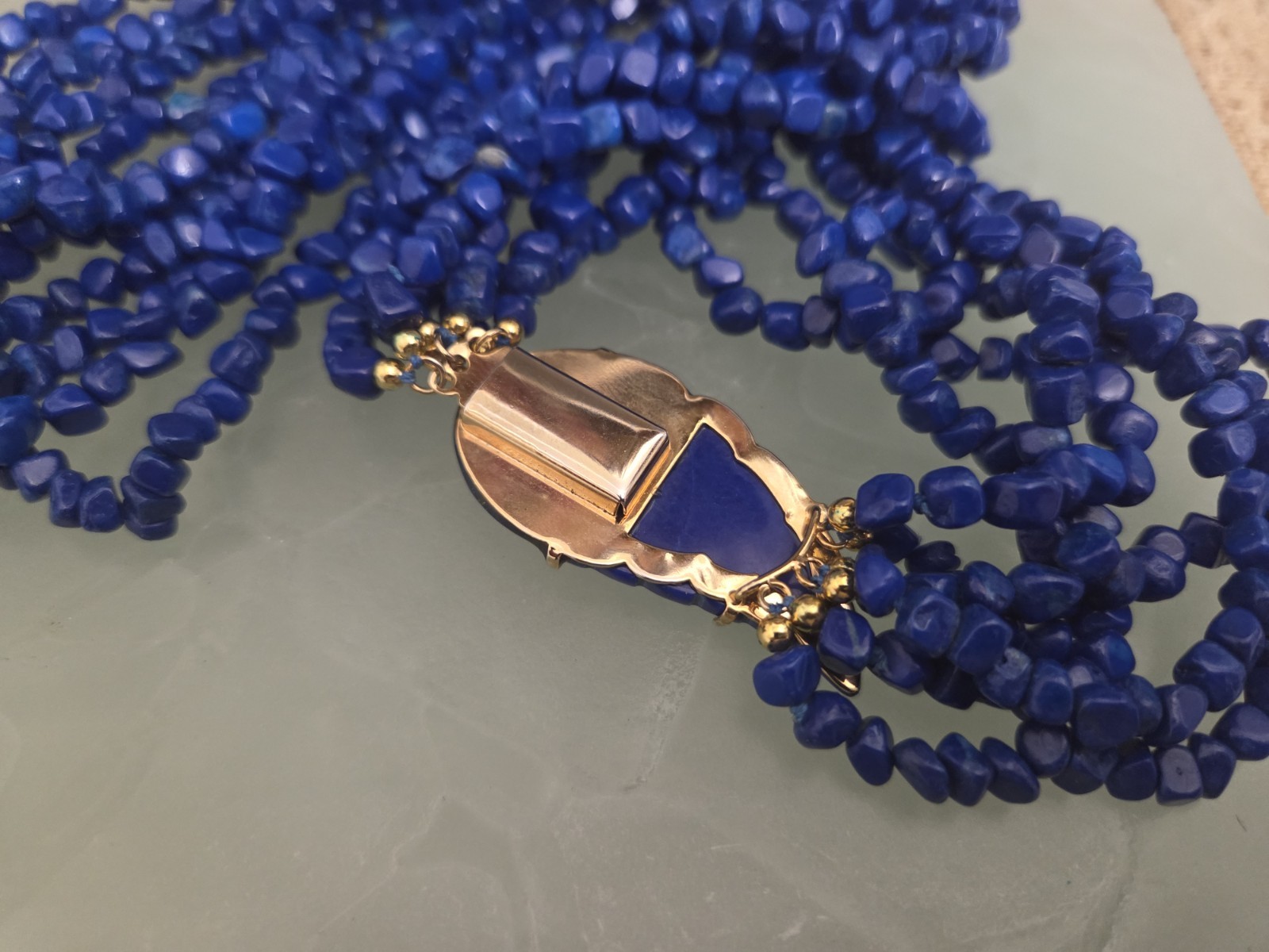 Vintage Multi Strand Necklace & Earrings Blue Lapis Lazuli Stone Carved Leaf