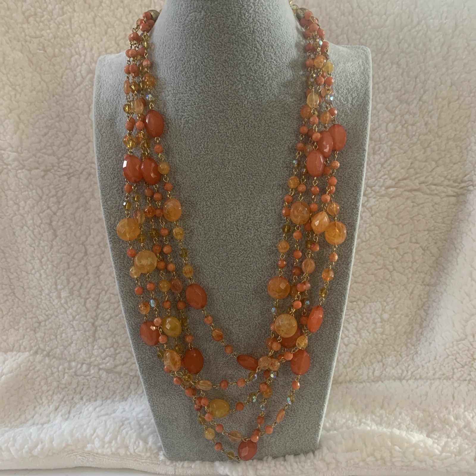 Joan Rivers Necklace Orange Amber Beads 5 Strands Various Lengths Very Good Cond