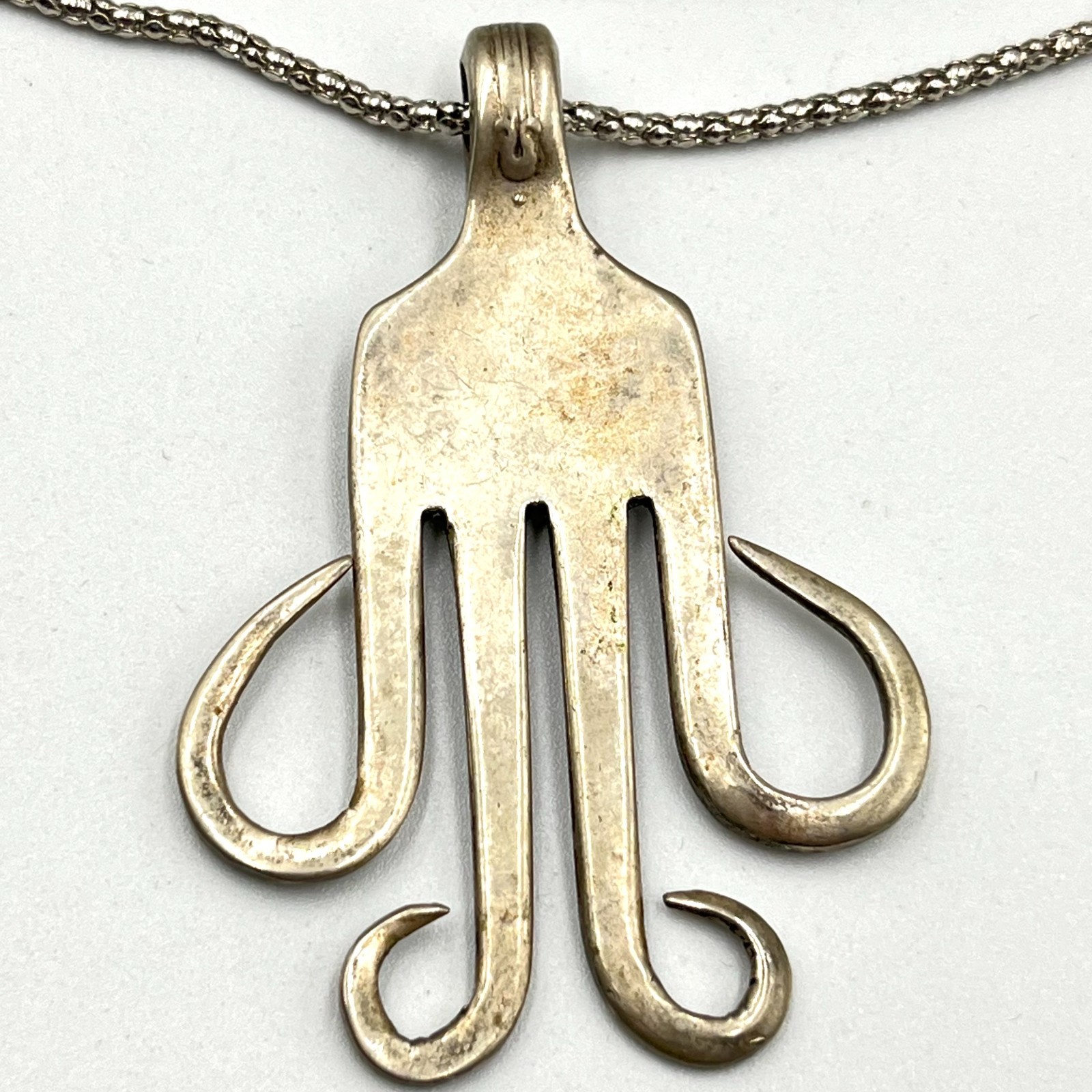 Vintage Silver Tone Fork Octopus Pendant Necklace Quirky Boho Statement Jewelry