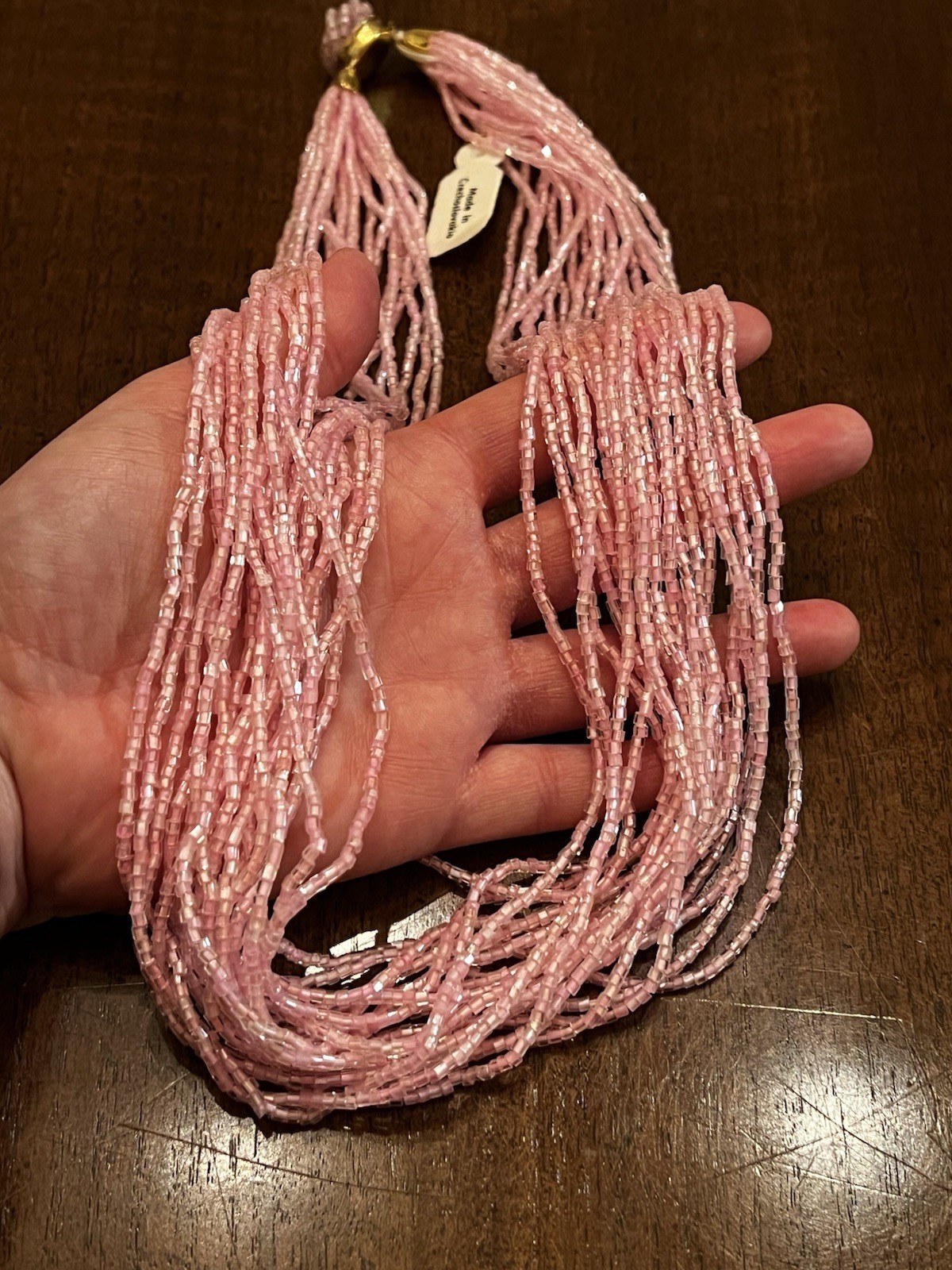 Vintage Czech Pink Glass Multi Strand Necklace Gold Tone NWT Nice!
