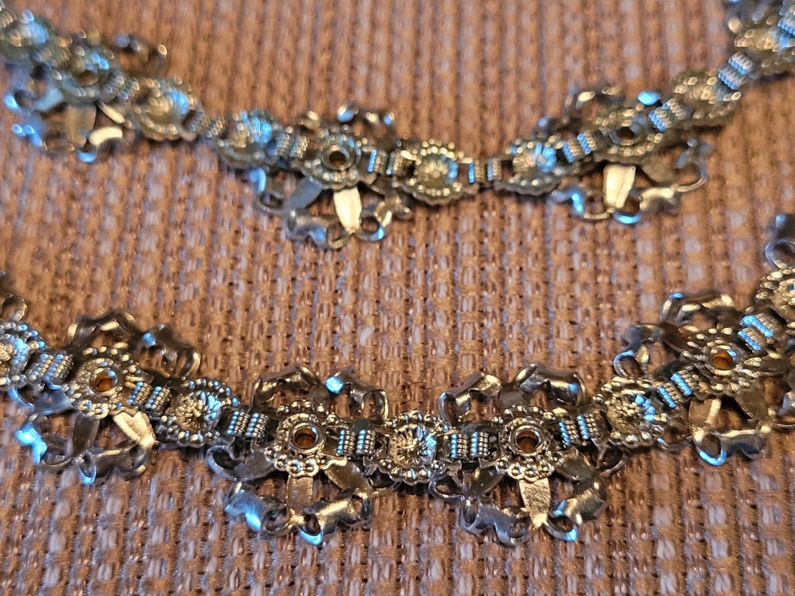 Vtg Wedding Jewelry SET Blue Choker Necklace Bracelet 15″ Silver Tone Flower