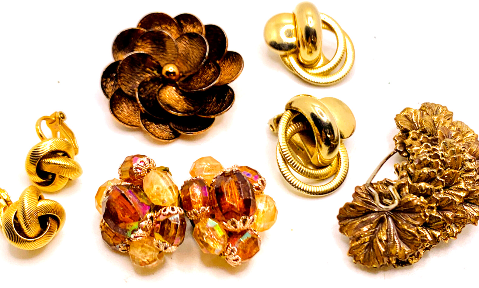 Lot 5 Vtg Gold & Copper Tone Jewelry Brooches Clip Earrings Western Germany Etc.