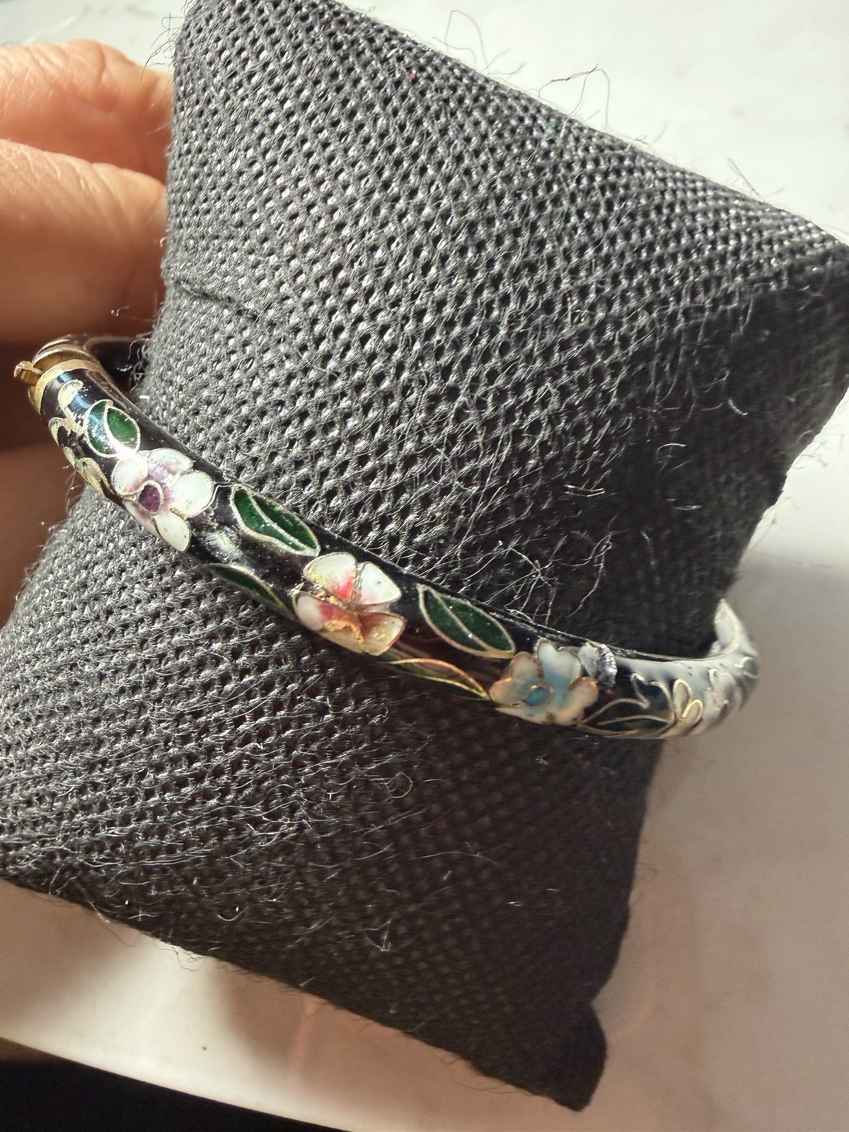 Vintage Cloisonne Enamel Floral Hinged Bangle Bracelet Black Background 2.8in
