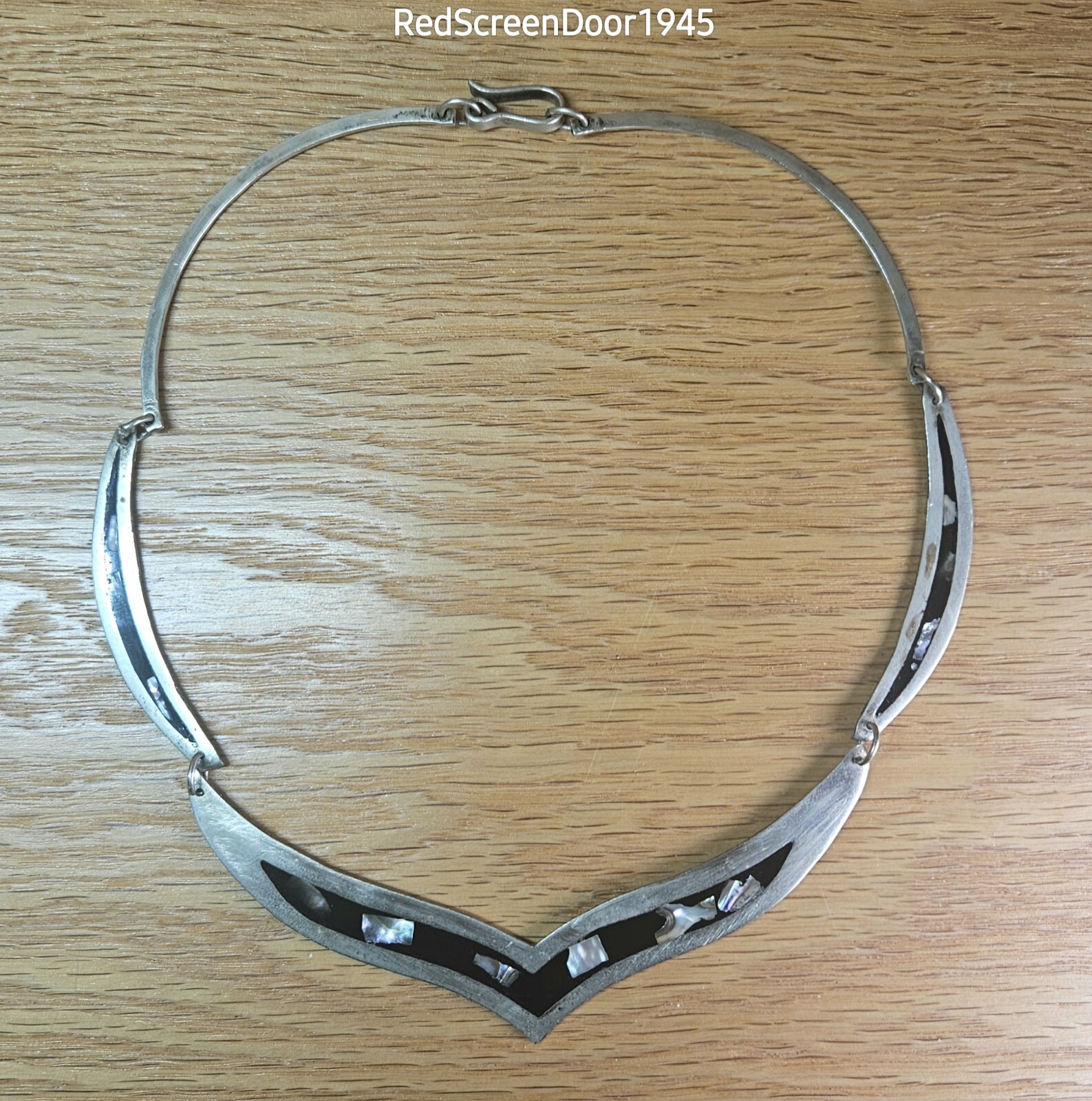 Modernist Albalone & Resin Metal Necklace Vintage 1980s Alpaca Alloy