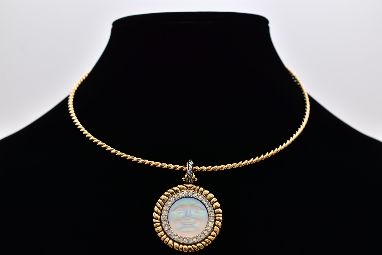 Vintage Kirks Folly Seaview Moon Face Pendant Necklace Gold AB Crystal 80s Bin3D