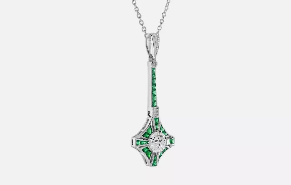 Art Deco Lab-Created Emerald Diamond Engagement Pendant In 925 Sterling Silver