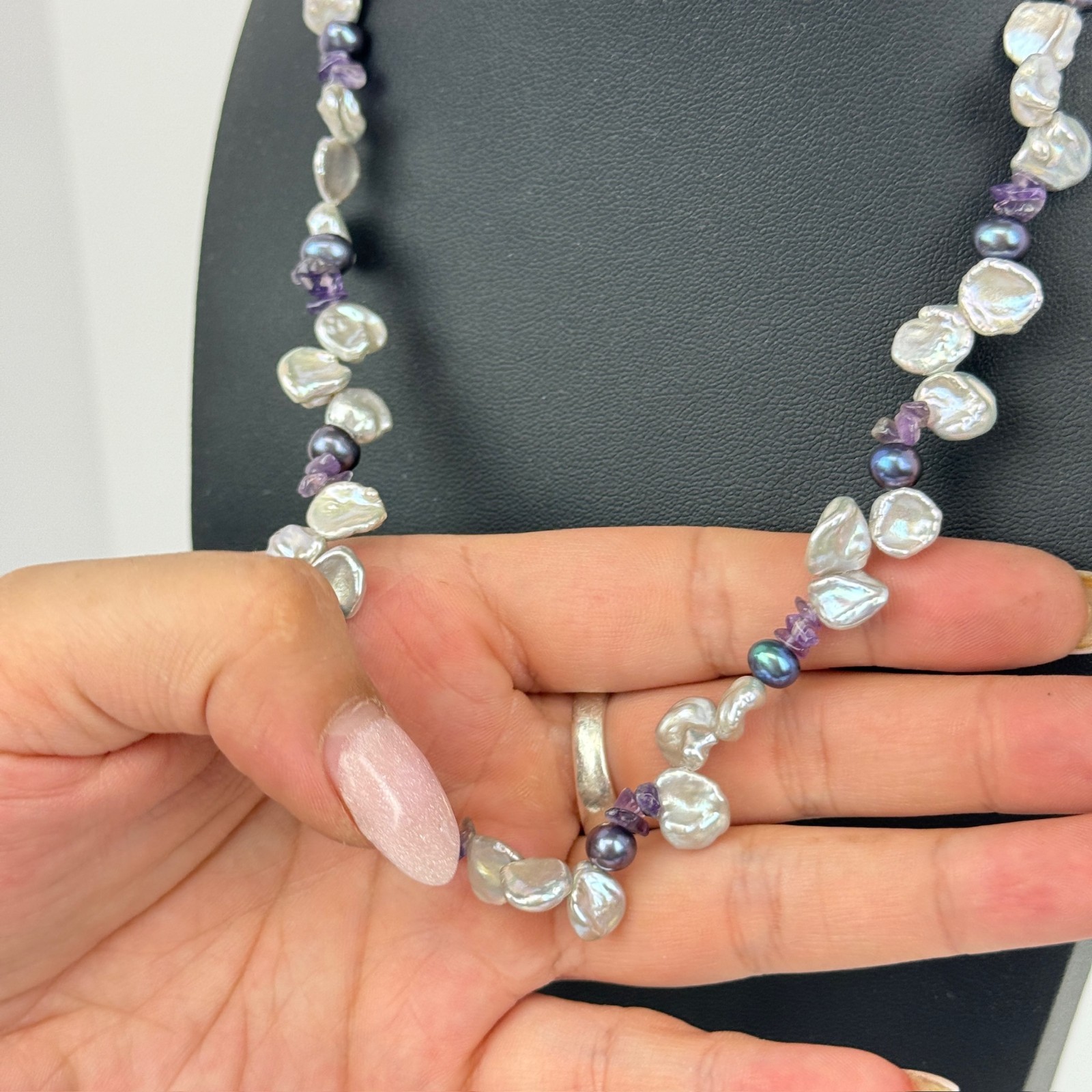 Freshwater Keshi Pearl OP Signed Sterling Silver Lavender Purple 16″ Necklace