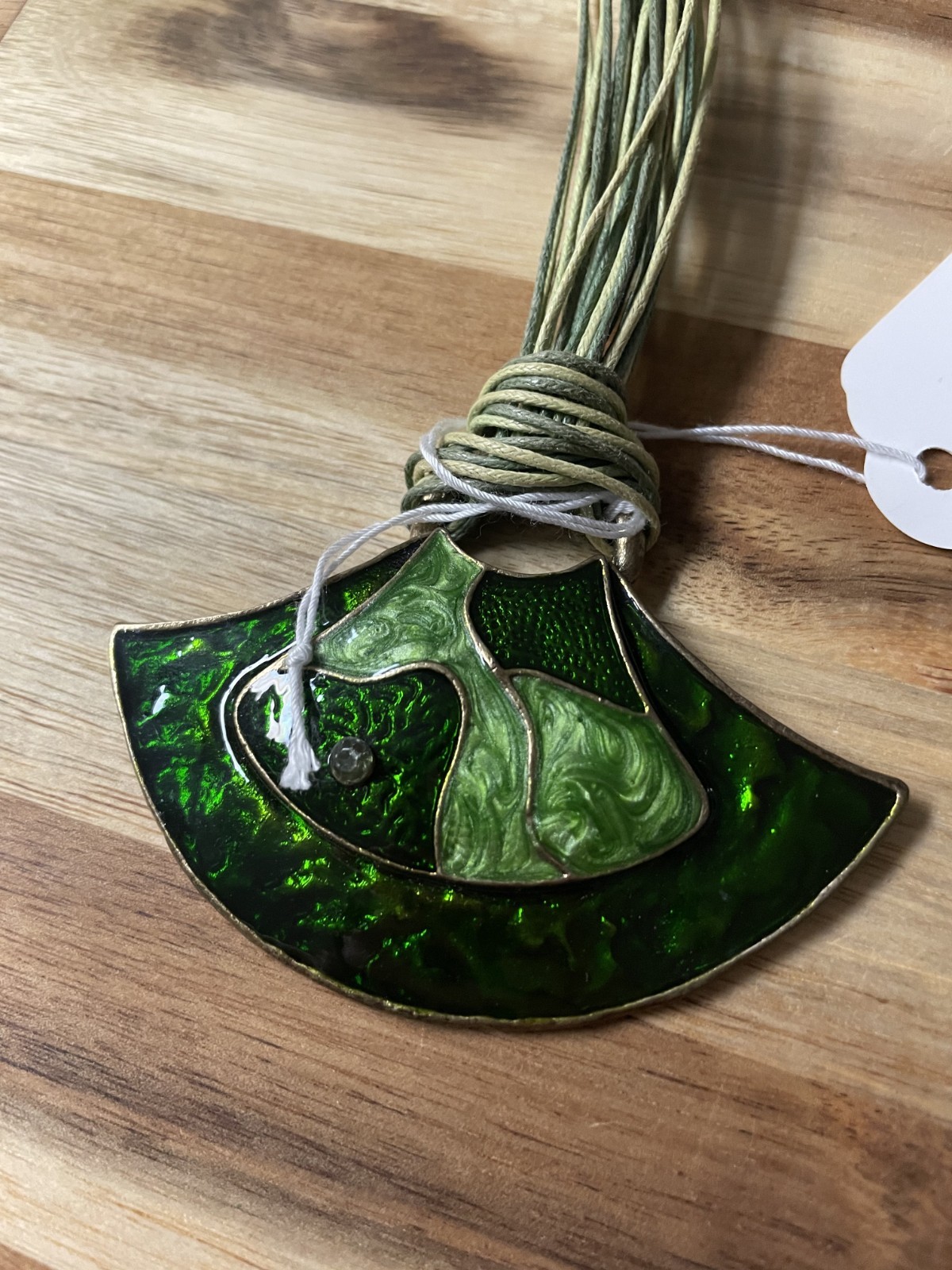Greenstone Enamel Crescent Ladies Vintage Leather MultiStrand Necklace