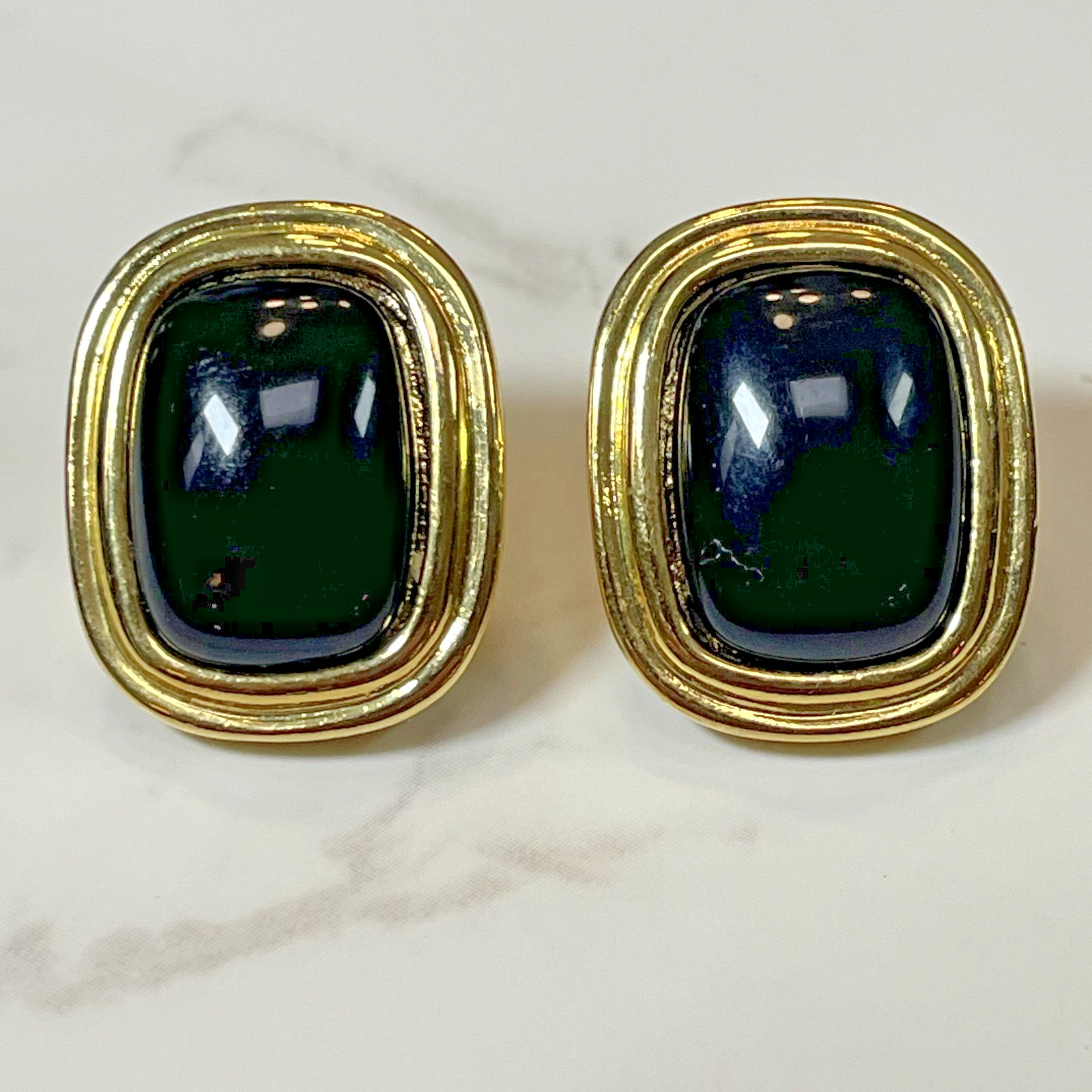 Vintage Trifari Signed Gold Tone & Black Onyx Designer Square Oval Earrings
