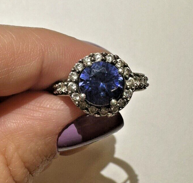 Vintage Silver Cluster CZ Blue Purple Sapphire Amethyst Rhinestone Sz5 Ring DA1