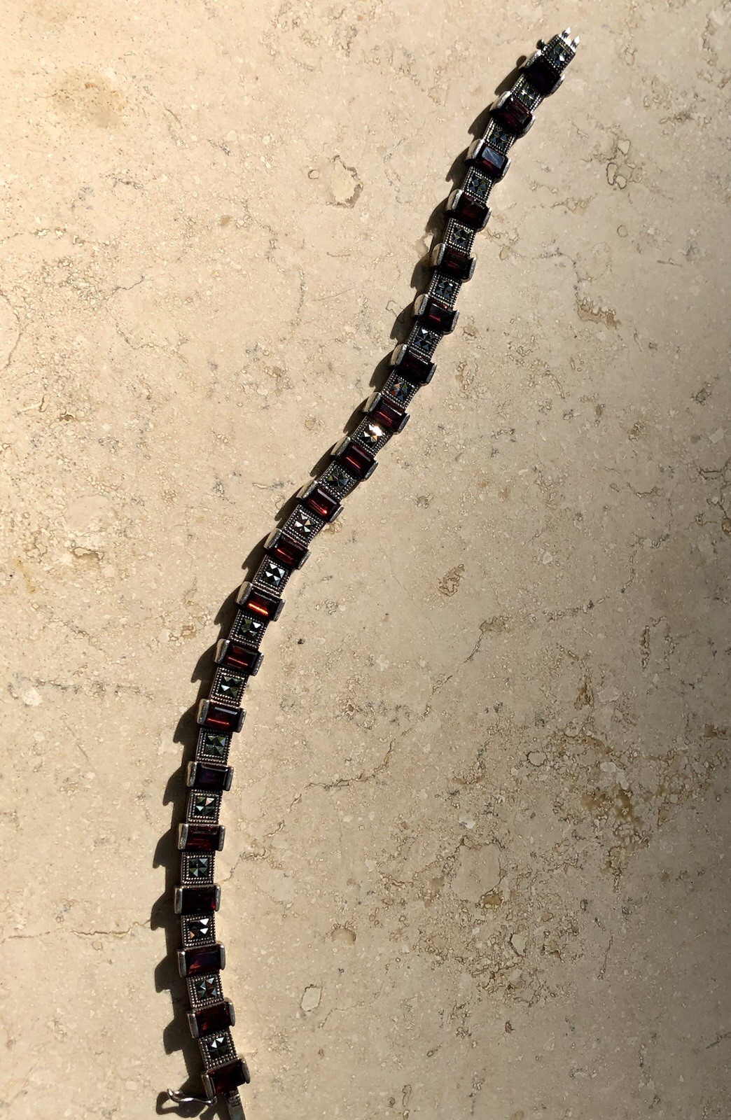 ❤️✨VINTAGE Sterling Silver EMERALD CUT GARNET & MARCASITE ESTATE Tennis Bracelet