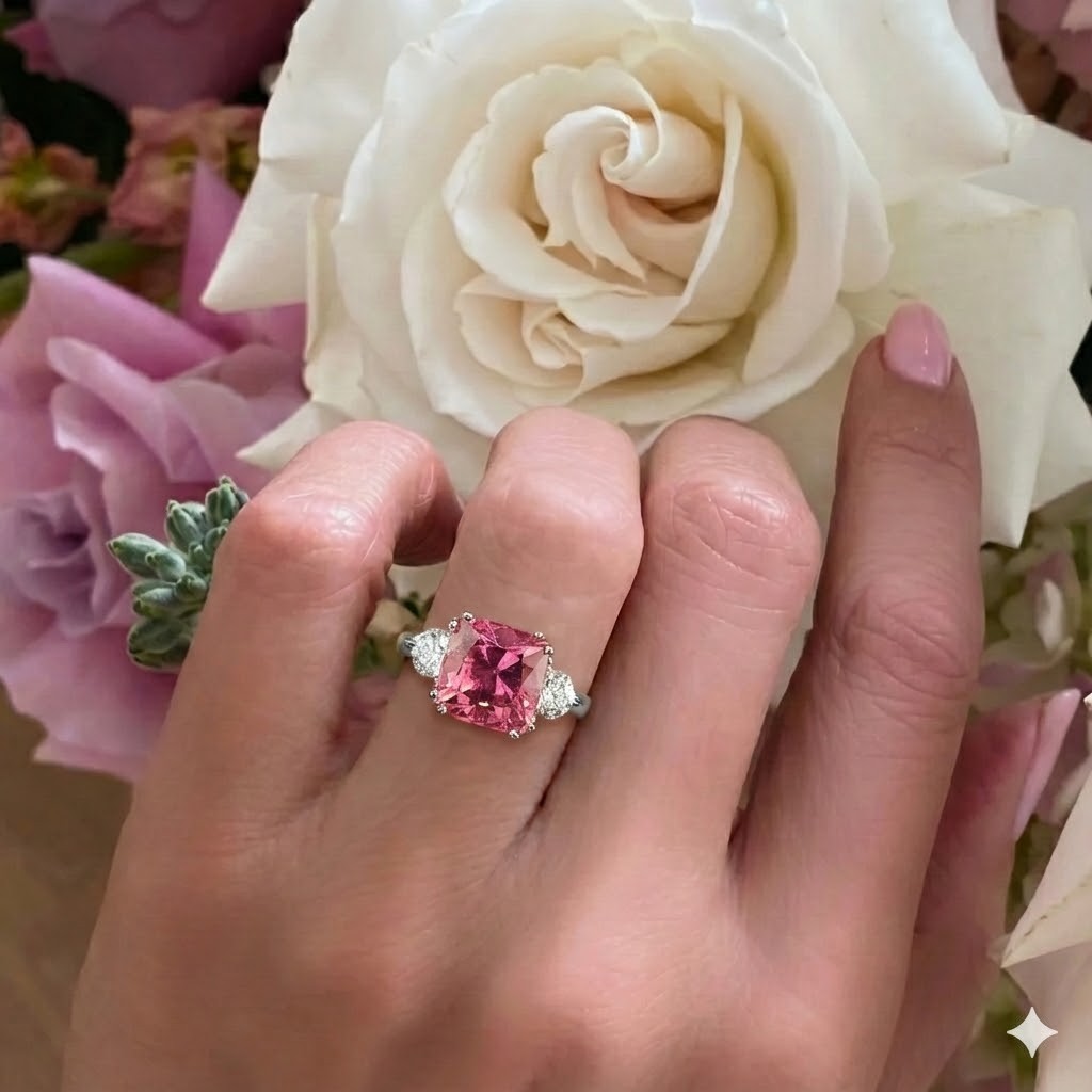 Vintage 14K White Gold Engagement Ring 3.86CT.Natural Pink Tourmaline radiant