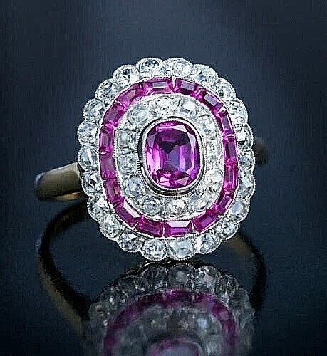 3.4Ct Art Deco Style Pink Lab Created Sapphire Engagement 14k White Gold FN Ring