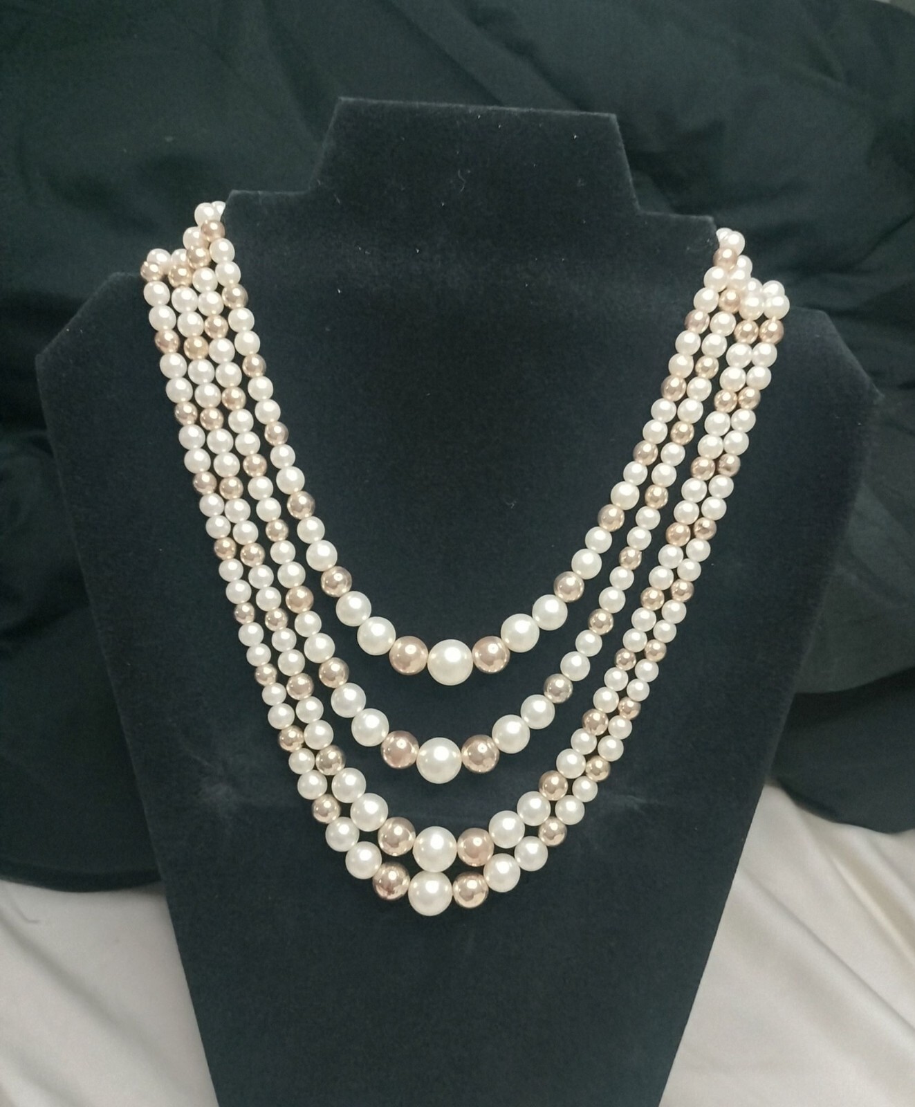 Vintage Multi Strand Faux Pearl Necklace White Gold Tone Decorative Hook Clasp 1