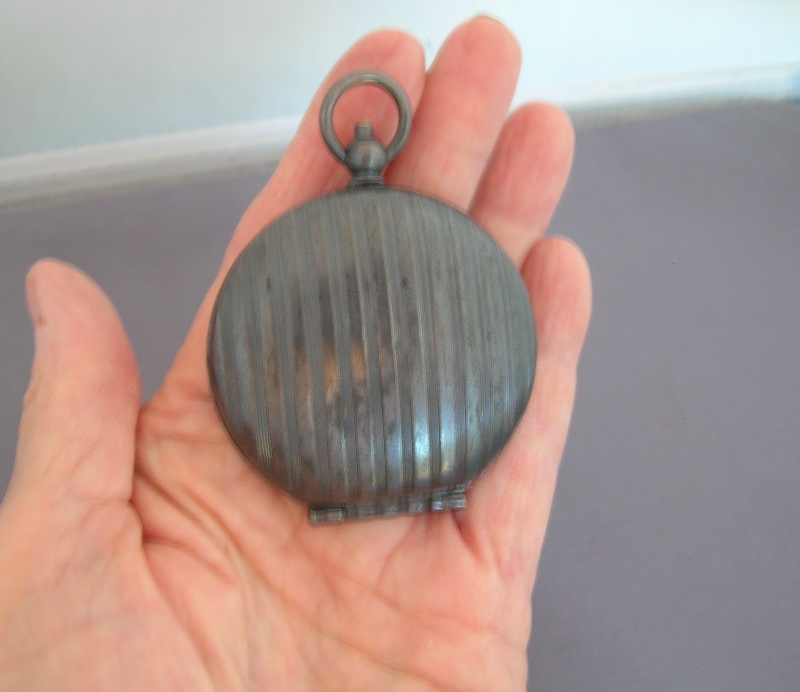 Antique Edwardian Deco Gunmetal Gun Metal Compact Chatelaine Pendant