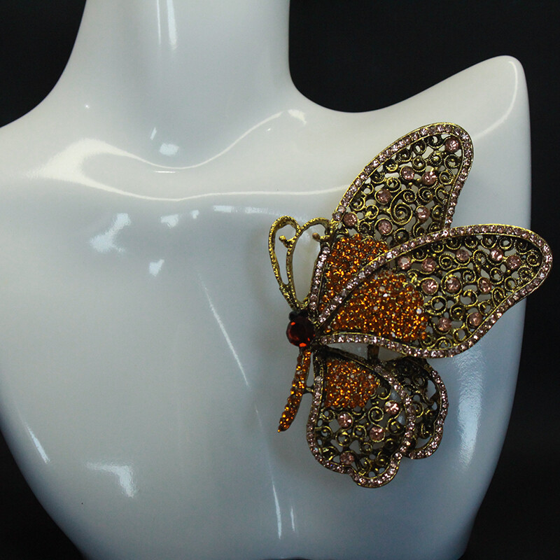 Vintage Large Size Brown Butterfly Zircon Alloy Corsage Brooch Collar Pin