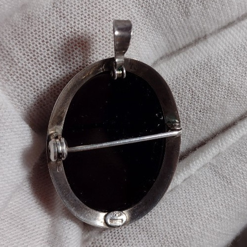 Cameo Sterling Silver 925 Italy Azure Agate Pendant Brooch 1121 NA Rare Hair