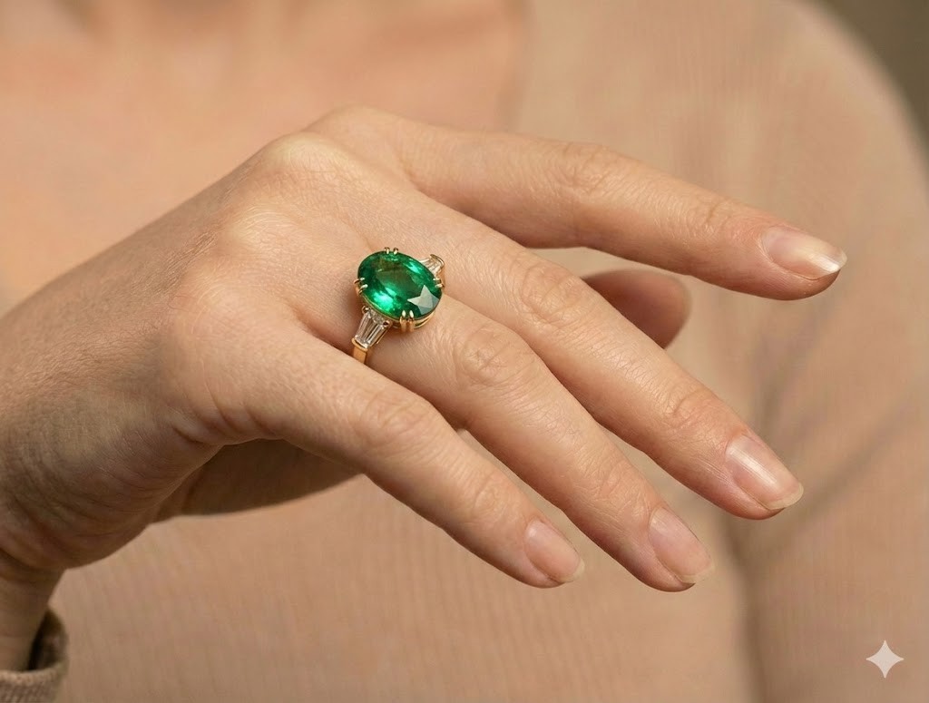 14K Yellow Gold Engagement Ring 5.11CT.Natural Green Emerald Oval Shape GIA Cert