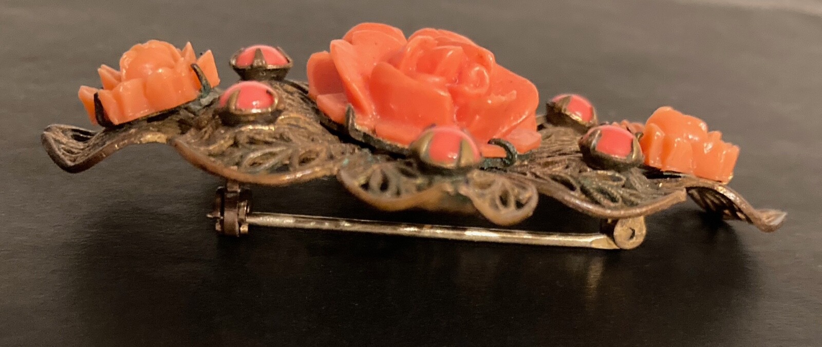 Vintage Rose Brooch Filigree Flower Floral Cut Out Prongs Leaf Peach Coral Pin