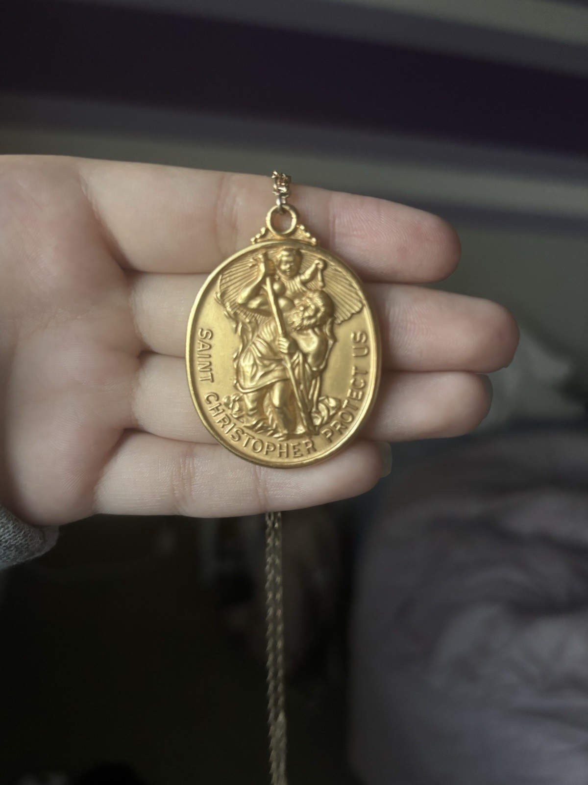 Vintage Thick Gold Plated Saint Christopher Pendant With 20in Chain