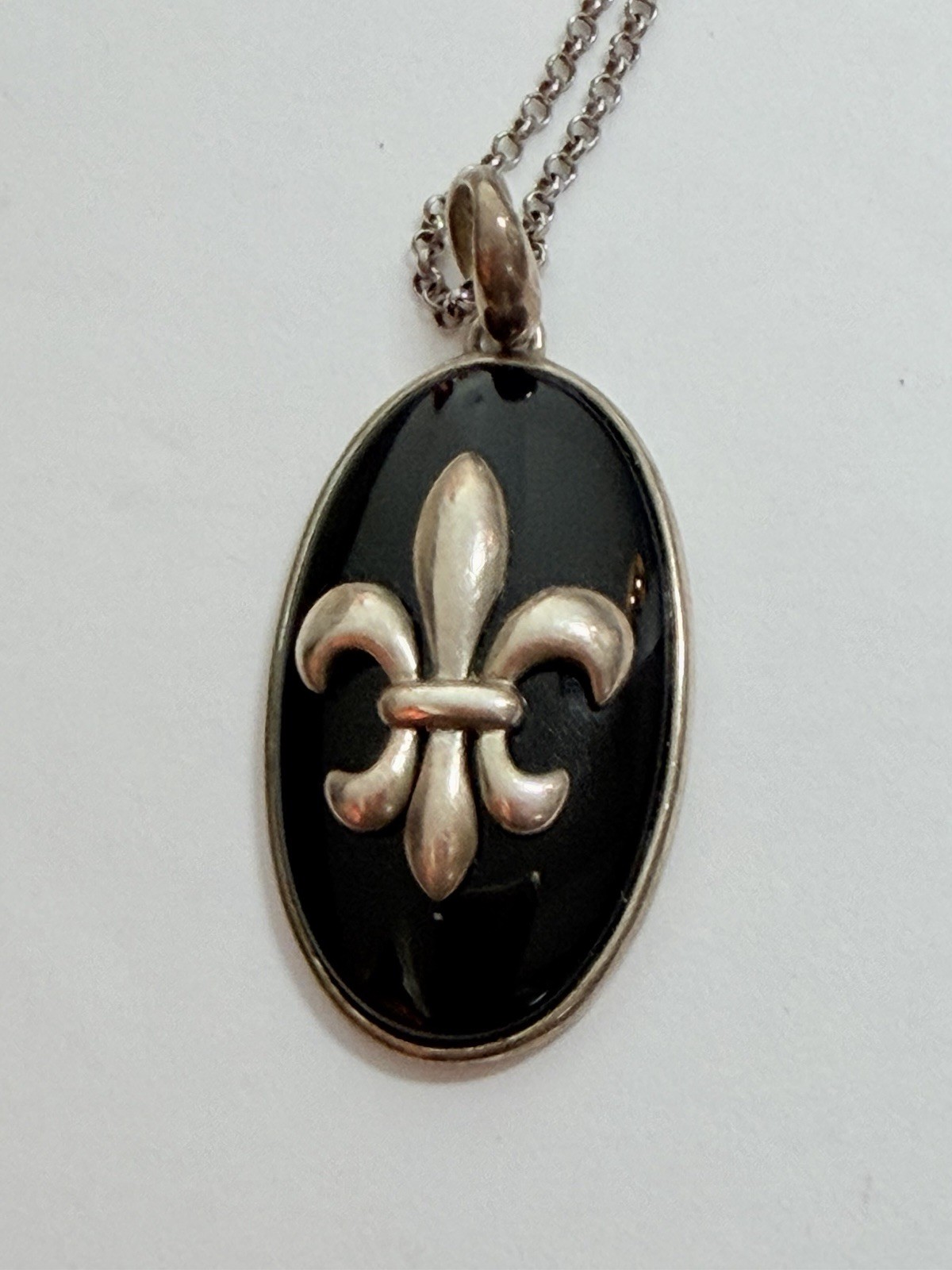 Vintage Sterling Silver 925 Black Onyx Fleur De Lis Pendant Necklace Italy Chain