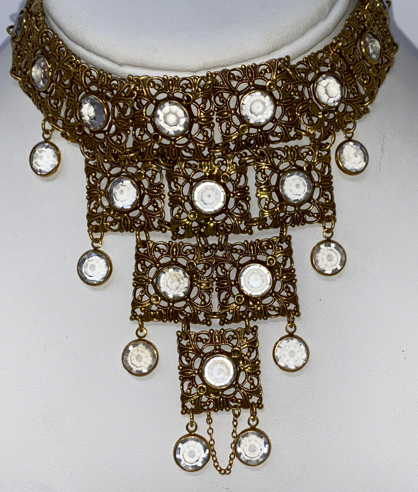 Vintage STATEMENT Goldette Ben Gartner Crystal Openwork Dangle Bib Necklace.