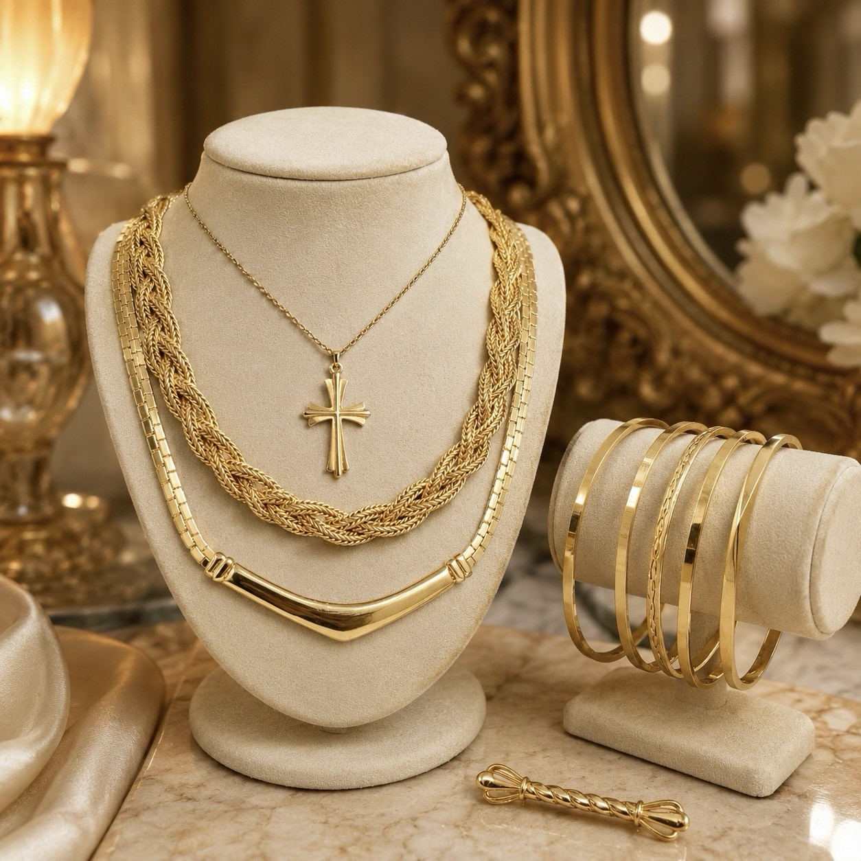Signed Crown Trifari Gold Jewelry Capsule 9pc 5 Bangles Necklaces Brooch Cross