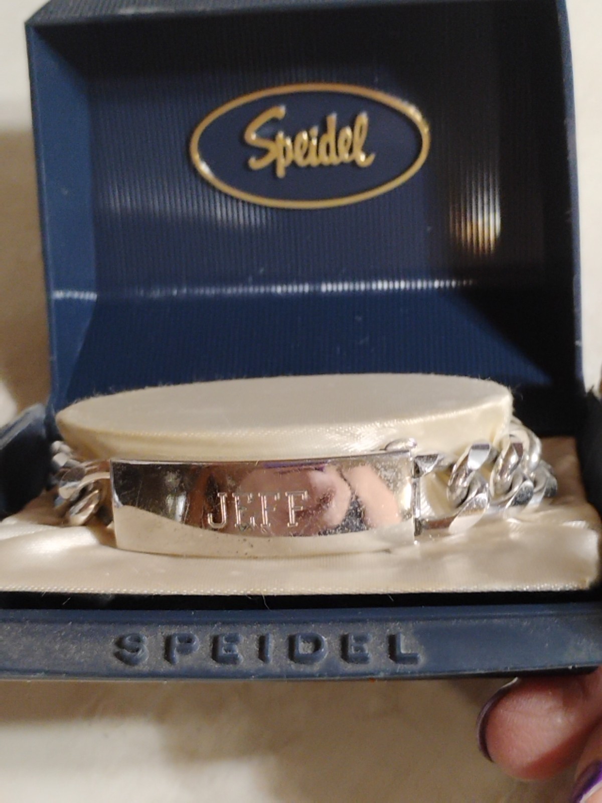 Vintage Speidel ID Bracelet Silver Tone With Black Panel In Box Engraved JEFF