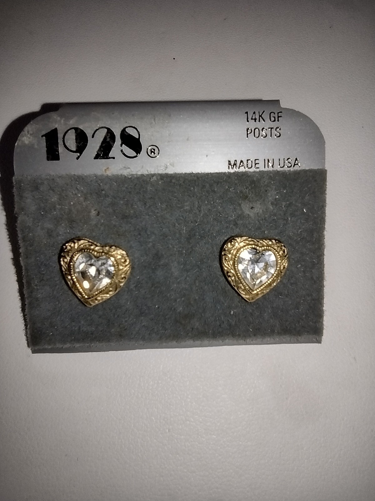Vintage 1928 Heart Rhine 14k Gold Filled Posts Earrings Pierced USA Nickel Free