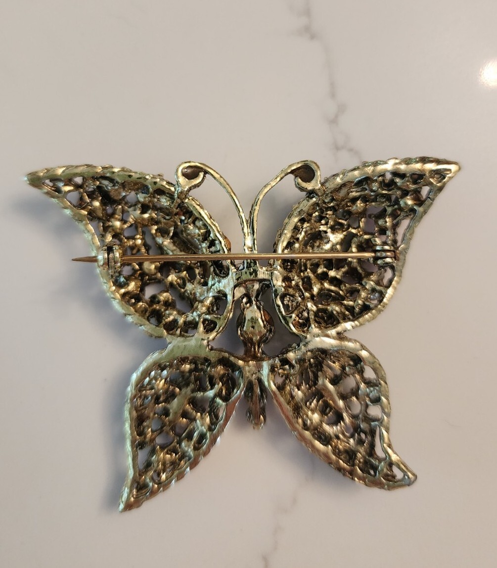 Vintage Butterfly Brooch Multicolor Rhinestones Midcentury 2 inches Pink