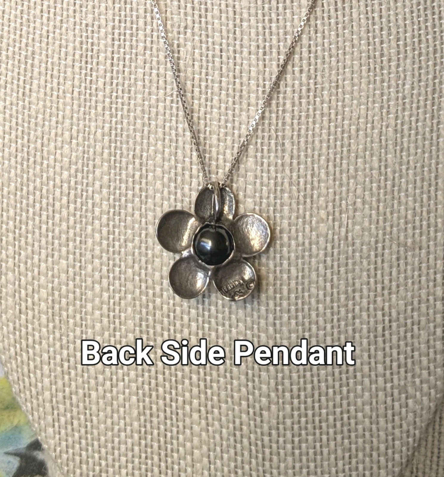 Sterling Mod Flower Necklace w Hematite Center & 925 Italy Chain Vintage Jewelry