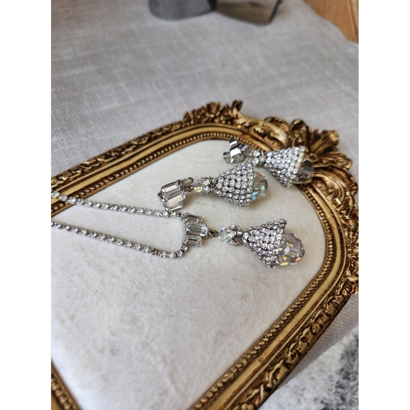 Artisan Vintage Silver Crystal Tassel Necklace with Drop Earrings