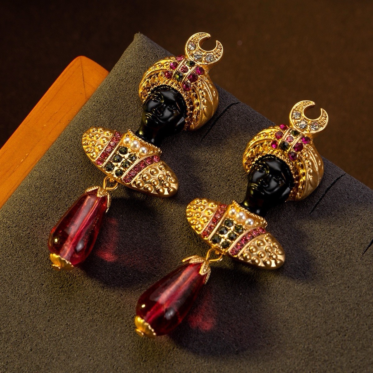 Vintage Figural Dangle Earrings Gold Tone Rhinestone Red Drop Statement