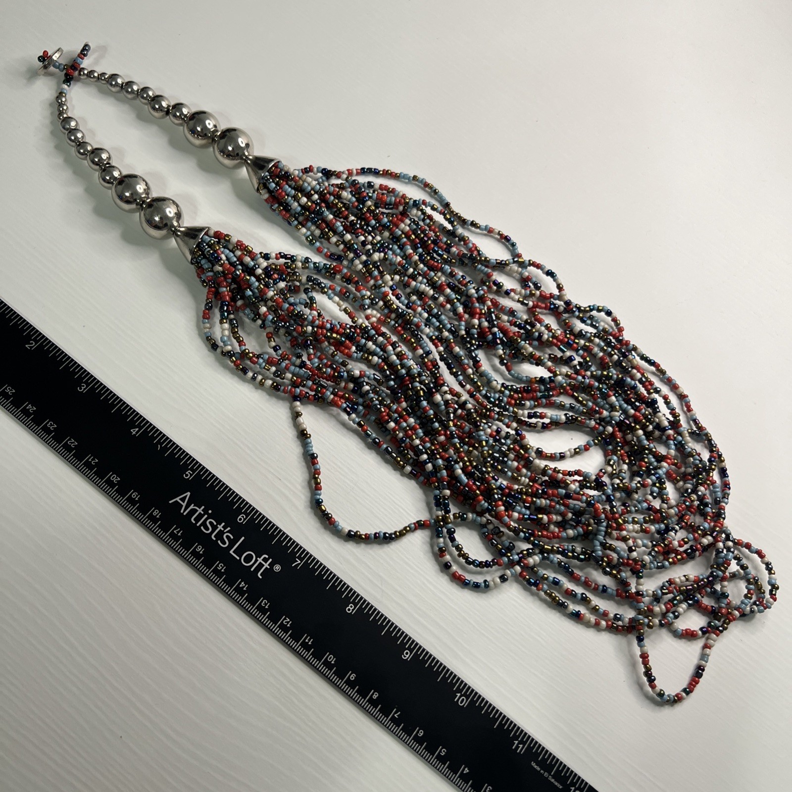 Multicolored Bead Multi Strand Statement Silver Tone Necklace Bracelet Set