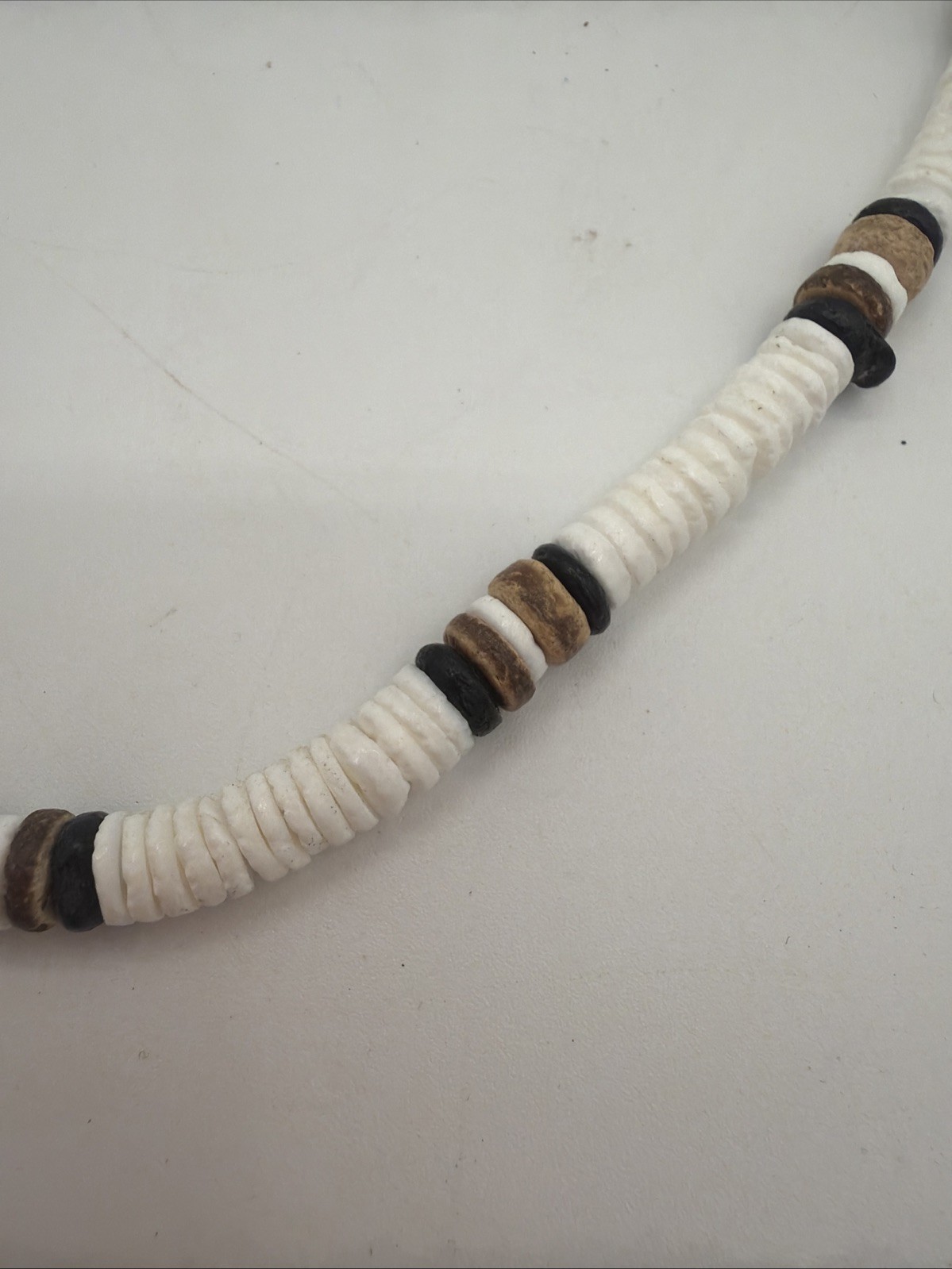White Shell Coconut Palm Wood Heishi Necklace 20in