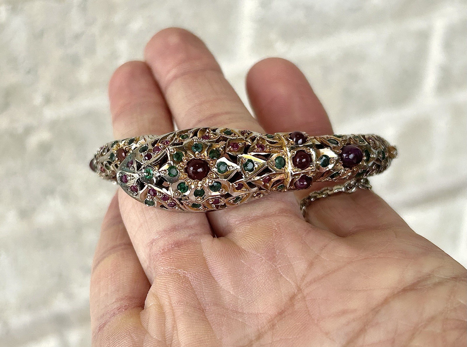 Antique Mughal Ruby Emerald Sterling Snake Bracelet Jewels Of India