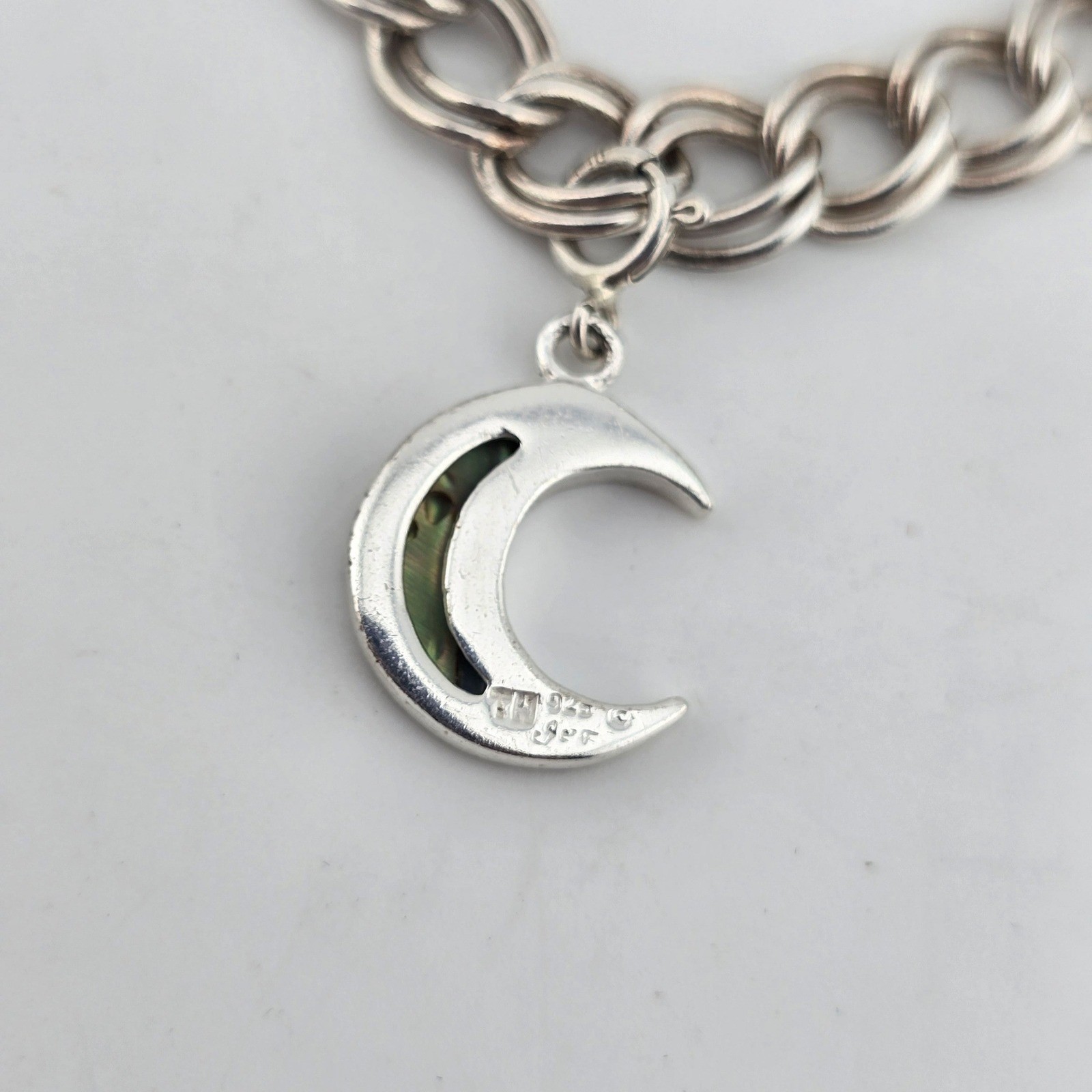 Sterling Silver 925 Italy Charm Bracelet w Abalone Moon Charm Size 7.75
