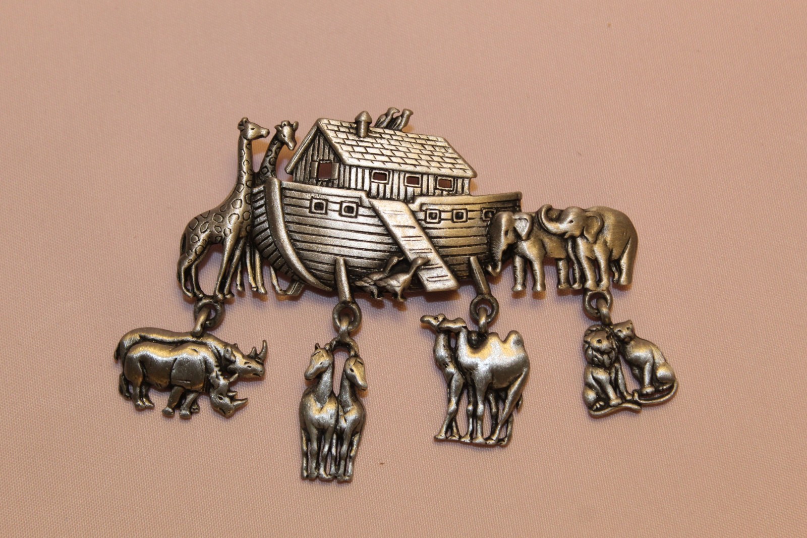 Vintage JJ Signed Noah’s Ark Brooch Pin Silver Tone Dangling Animal Charms