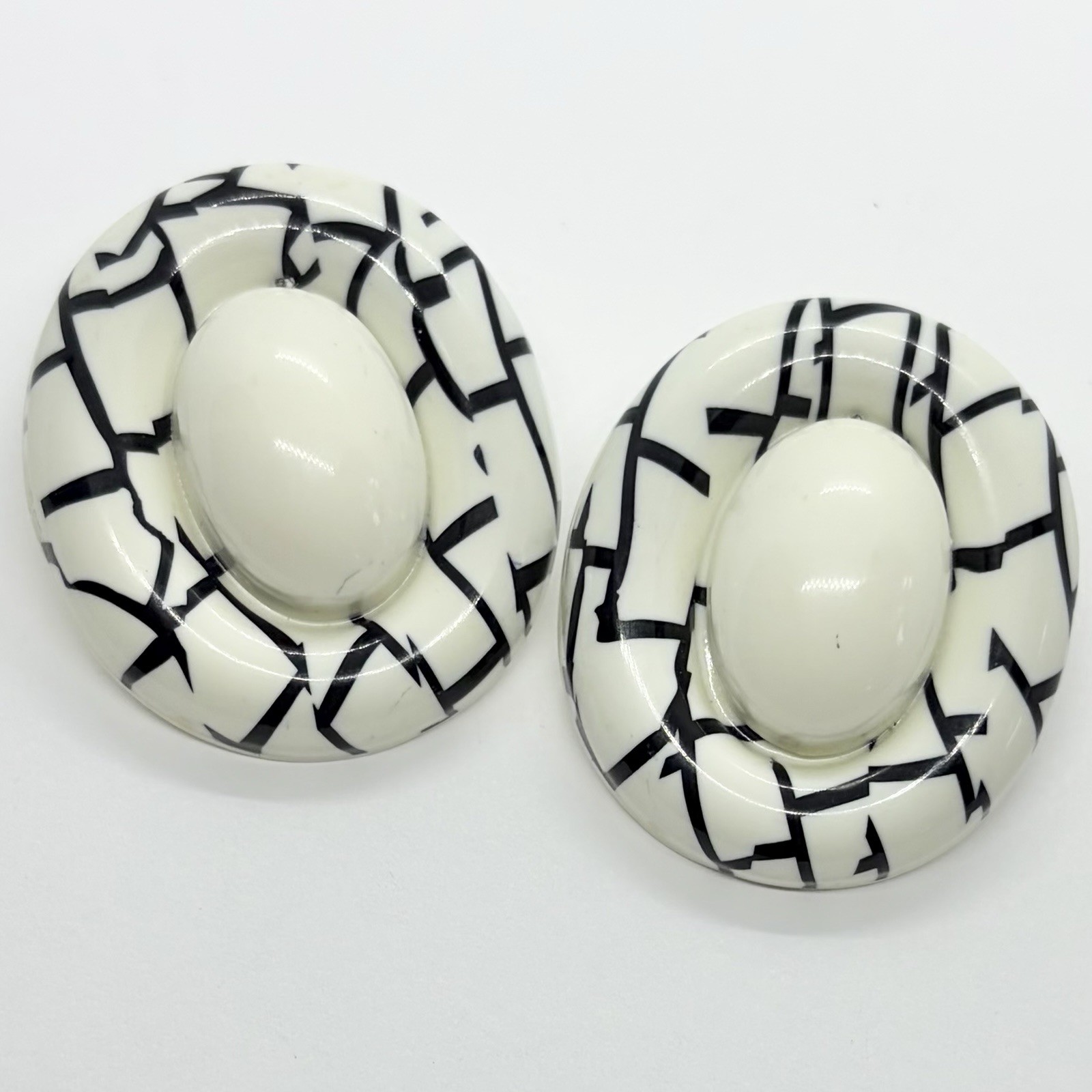 Vtg 80’s Black White Lucite Cabochon Geometric Statement Earrings Post Large Big