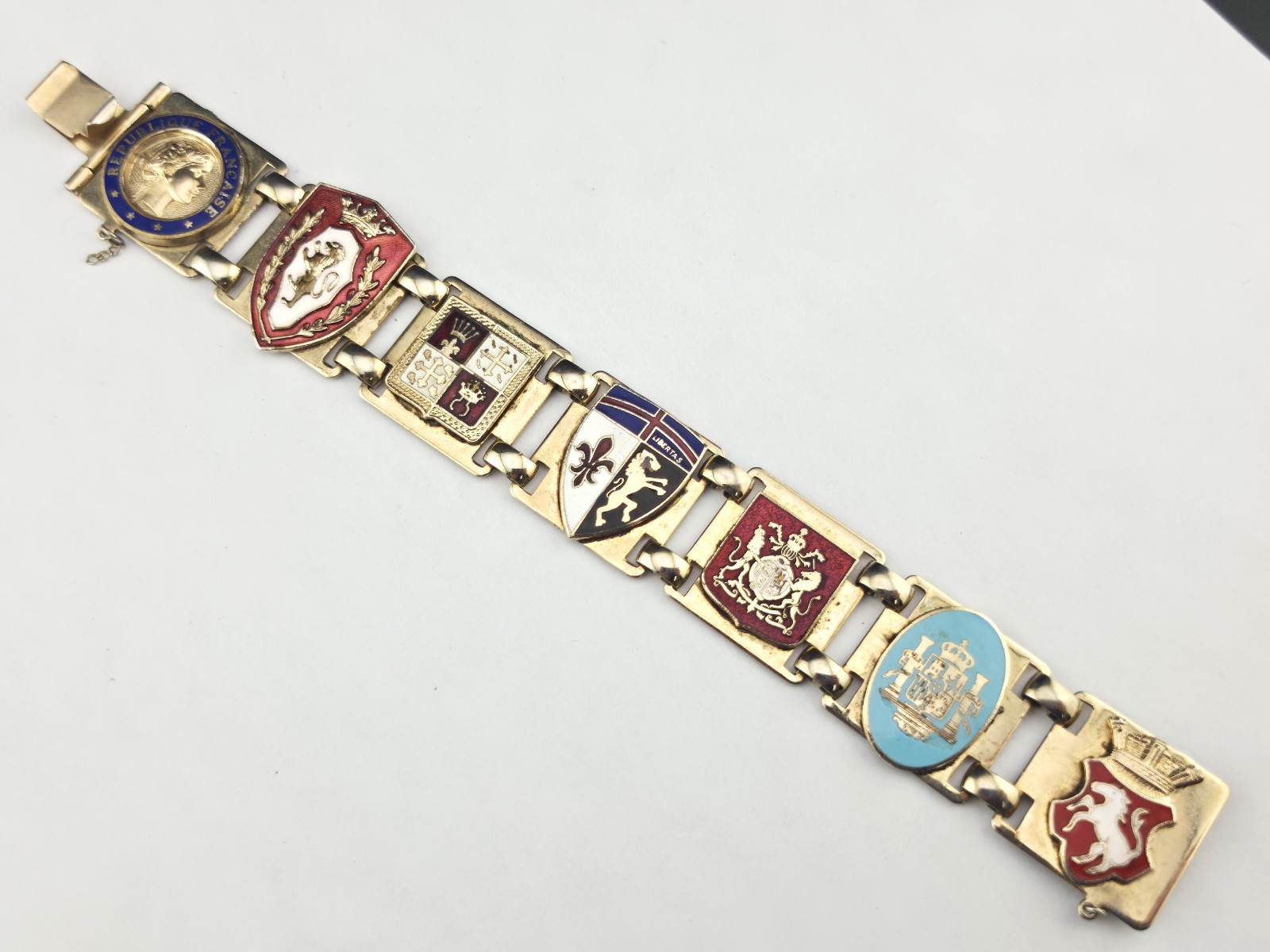 Vintage French Souvenir Bracelet 7″ Colorful Heraldic Cloisonne Enamel Panels