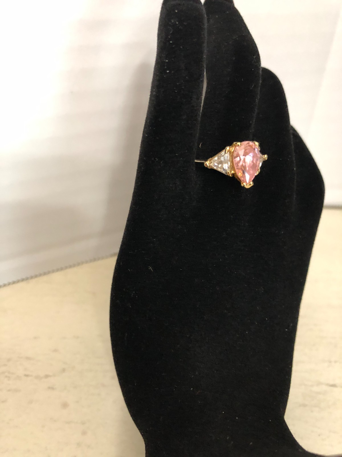 Vintage Art Deco Style 18K Gold Electroplate Ring Pink White Rhinestones