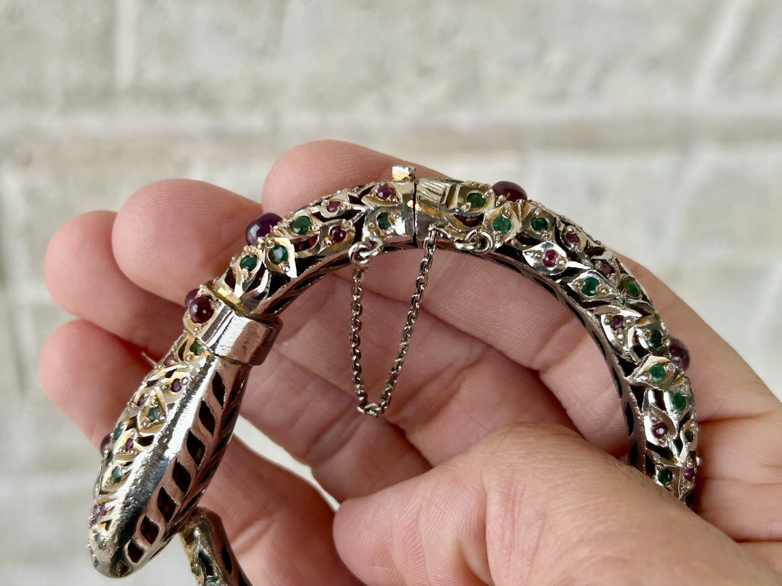 Antique Mughal Ruby Emerald Sterling Snake Bracelet Jewels Of India
