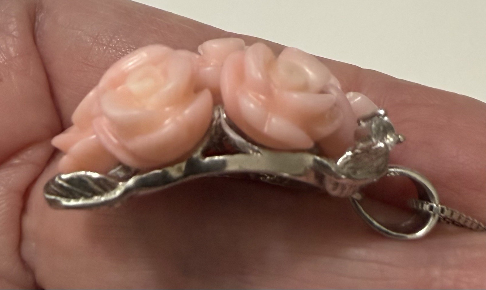 1990s Sterling Silver Angel Skin Coral Roses White Topaz Necklace Ring Sz 9 Set